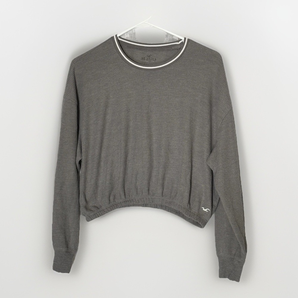 Hollister Cropped Waffle Knit Thermal Top Womens Gray Boxy Pullover Cozy